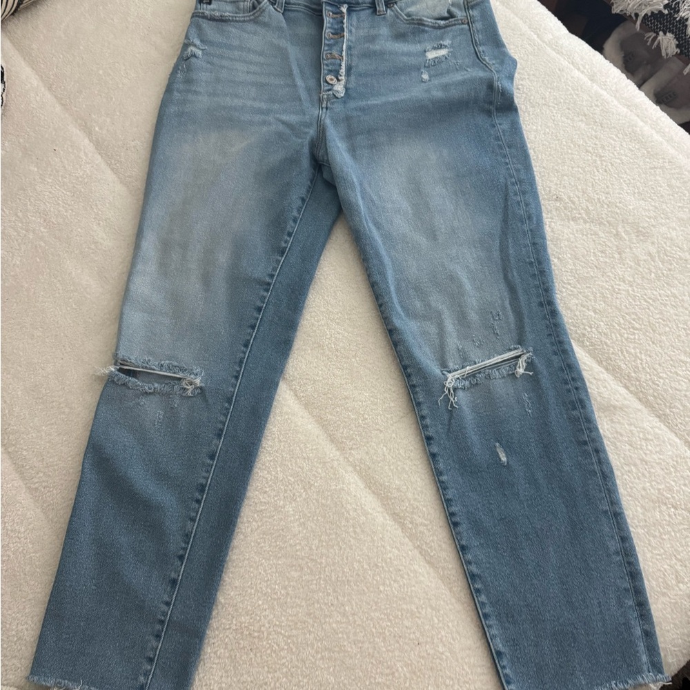 KanCan Blue Straight Leg Jeans with Distressed Knees